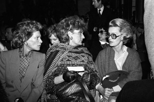 Nan Kempner and Pat Buckley and friend in the front row at the Carolina Herrera fall 1982 fashion show in New York.