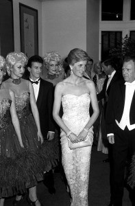 Princess Diana attending the Savoy Centenary Ball, a benefit for Birthright on March 17, 1989, in London. Diana wears a gown by Catherine Walker.