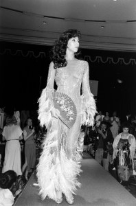 Cher walks the runway during an event, supporting the Campaign for Economic Democracy's anti-nuclear energy "Plug in the Sun" program, at the Beverly Wilshire Hotel in Beverly Hills on May 22, 1979.