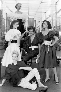 The Halstonette's, Karen Bjornson, Margaret Donahue, Alva Chinn, Connie Cook and Carla Araque pose in looks from the spring 1981 collection at the designers Olympic Tower design studio and showroom.